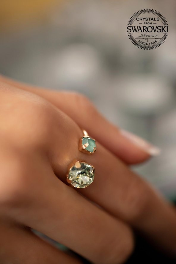 Swarovski Taşlı Çift Taş Model Rose Kaplama Gümüş Crystal Yüzük - 4