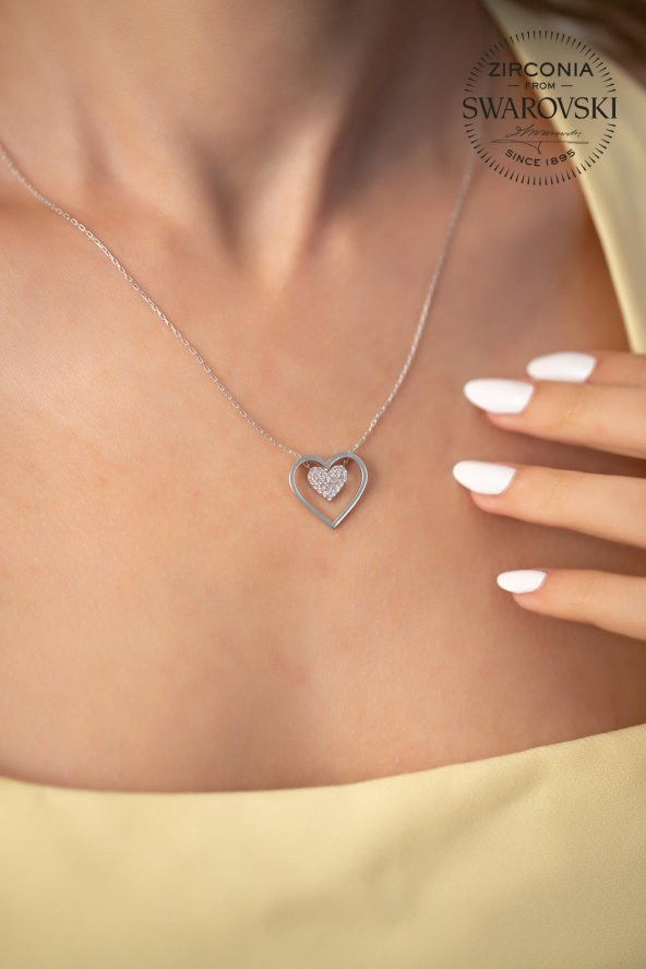 Swarovski Taşlı Çift Kalp Model Gümüş Zirconia Kolye