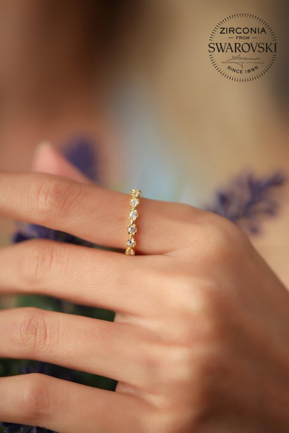 Swarovski Taşlı Sıralı Model Altın Kaplama Gümüş Zirconia Yüzük - 3
