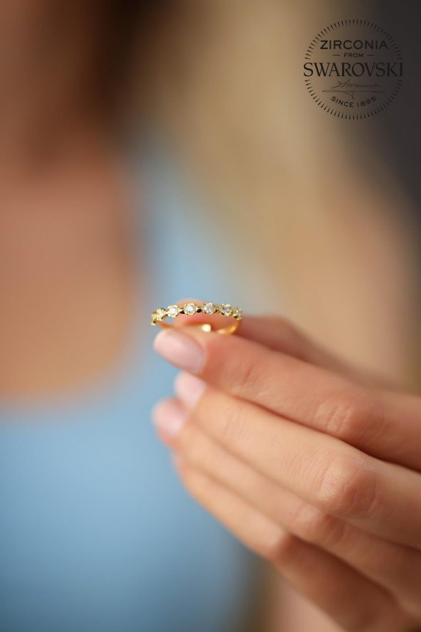 Swarovski Taşlı Sıralı Model Altın Kaplama Gümüş Zirconia Yüzük - 4