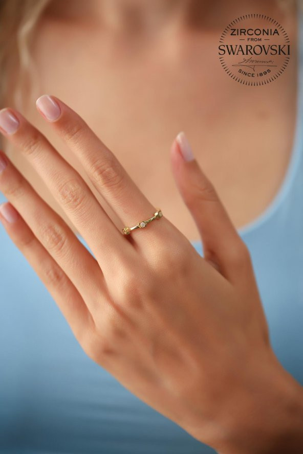 Swarovski Taşlı Üçlü Model Altın Kaplama Gümüş Zirconia Yüzük - 2