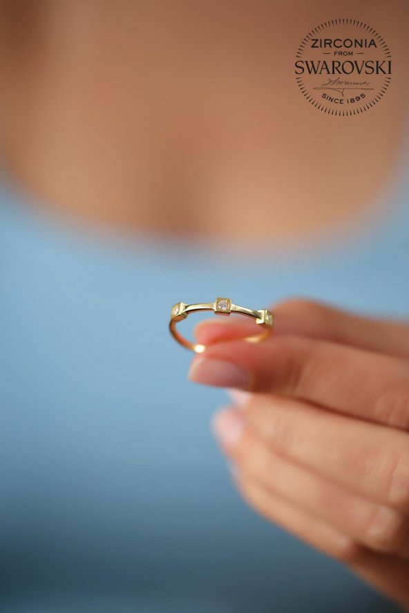 Swarovski Taşlı Üçlü Model Altın Kaplama Gümüş Zirconia Yüzük - 4