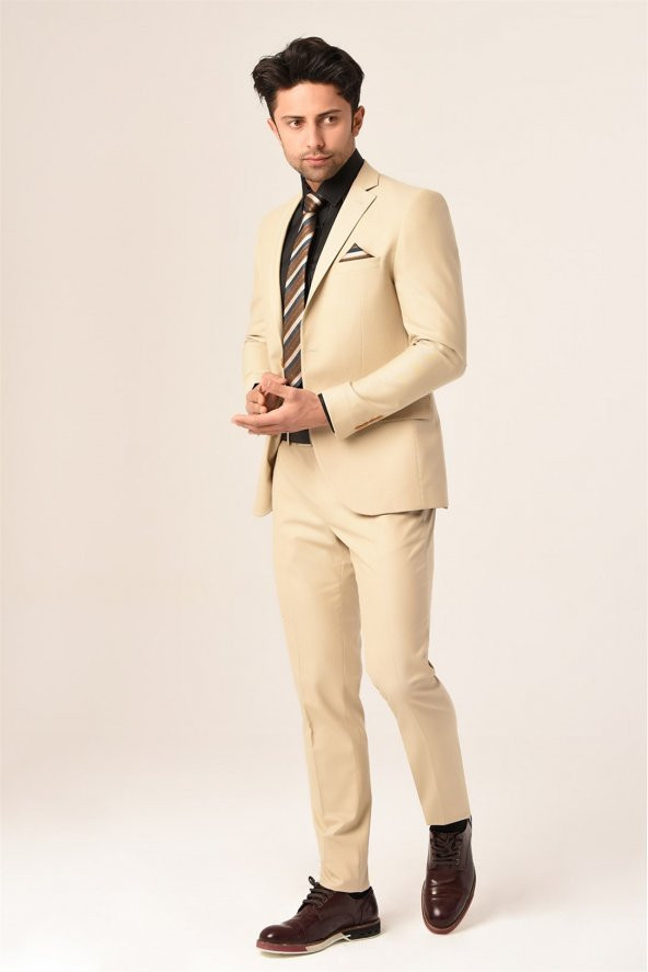 Bej  Renk  Erkek Takım Elbise Slim Fit | Agustini