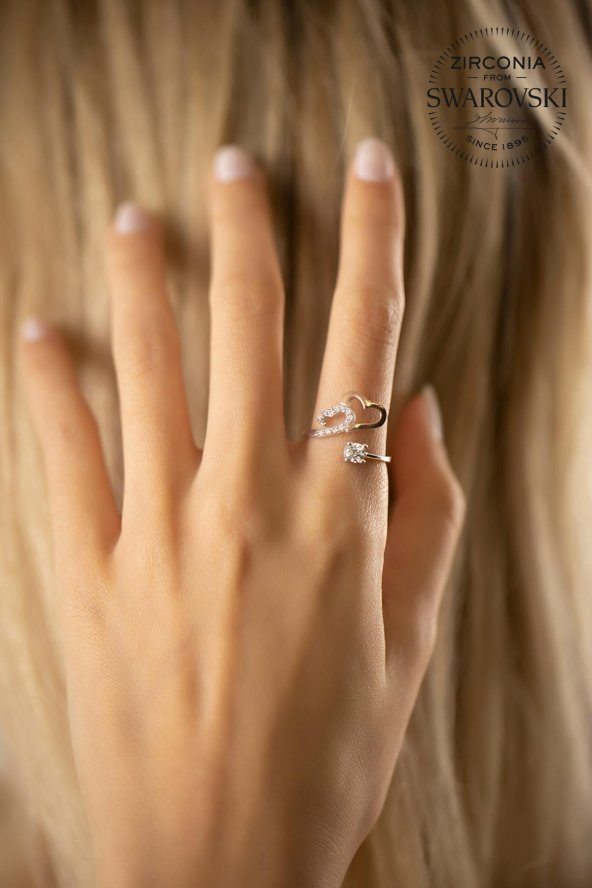 Swarovski Taşlı Çift Kalp ve Tektaş Model Gümüş Zirconia Yüzük - 3