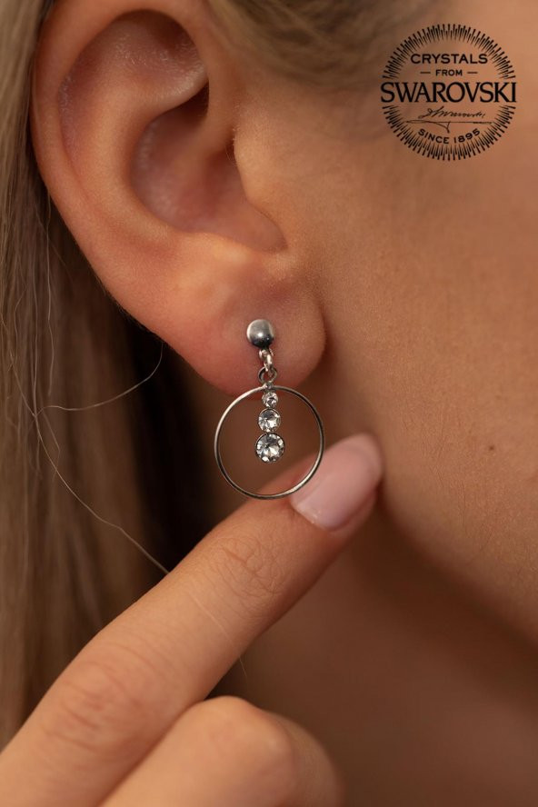 Swarovski Taşlı Üçtaşlı Halka Model Gümüş Crystal Küpe