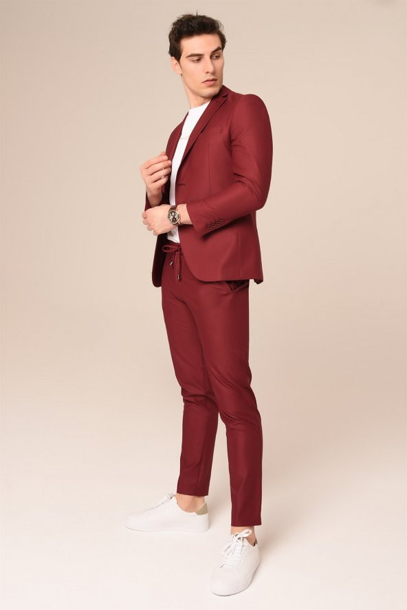Bordo Spor Takım Elbise Jogger Pantolonlu Slim Fit | Agustini - 2