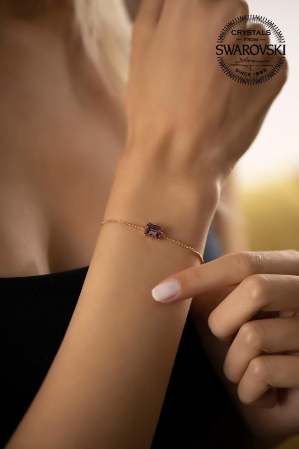 Swarovski Taşlı Baget Model Rose Kaplama Gümüş Crystal Bileklik - 3