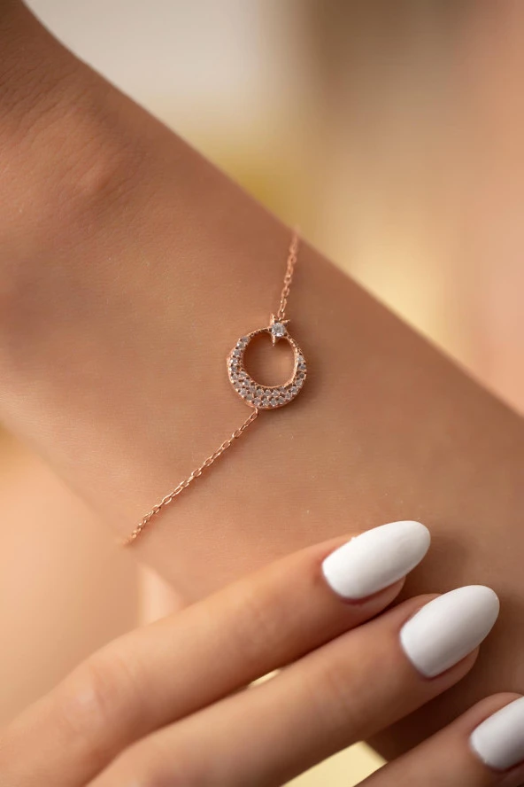 Ayyıldız Model Zirkon Taşlı Rose 925 Ayar Gümüş Kaplama İtalyan Bileklik - 2
