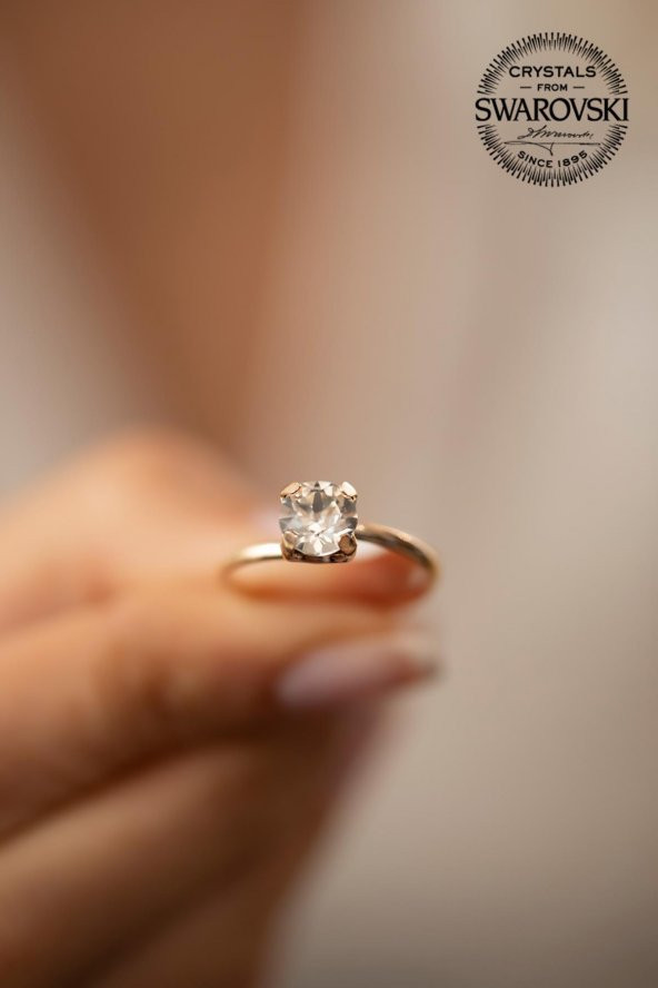 Swarovski Taşlı Tektaş Model Rose Kaplama Gümüş Crystal Yüzük - 3