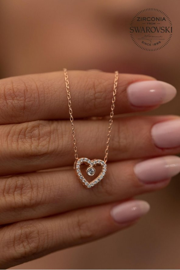 Swarovski Taşlı Kalp ve Tektaş Model Rose Kaplama Gümüş  Zirconia Kolye - 2