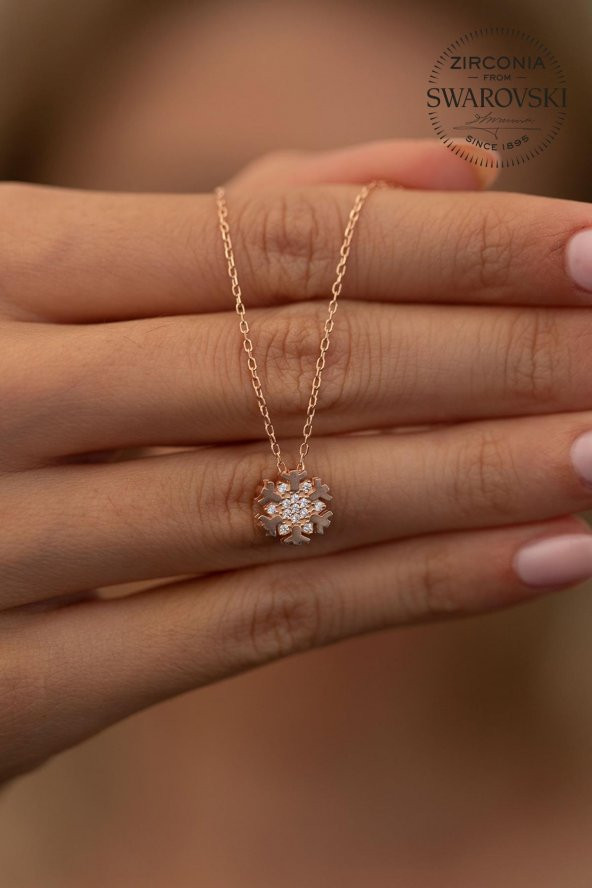 Swarovski Taşlı Kar Tanesi Model Rose Kaplama Gümüş Zirconia Kolye - Resim 3