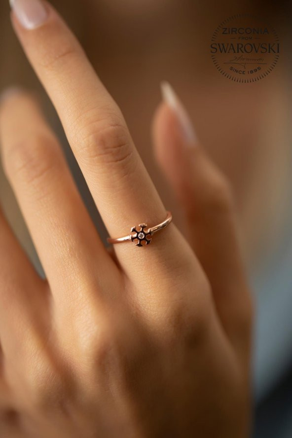 Swarovski Taşlı Kar Tanesi Model Rose Kaplama Gümüş Zirconia Yüzük - 4