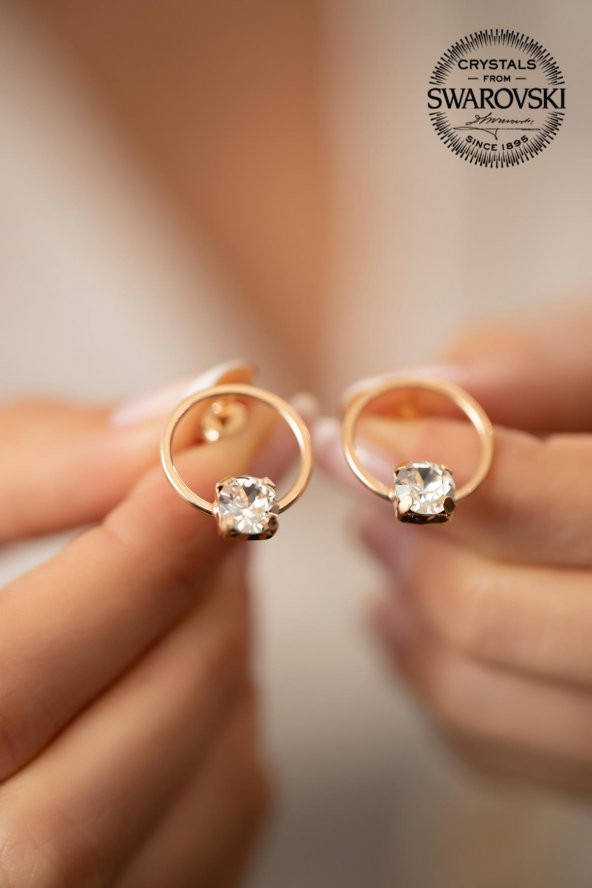 Swarovski Taşlı Halka ve Tektaş Model Rose Kaplama Gümüş Crystal Küpe - 3