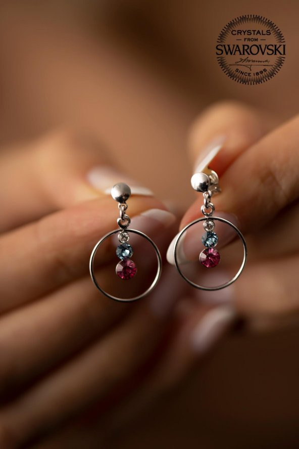 Swarovski Taşlı Halka ve Üçtaş Model Gümüş Crystal Küpe - 3