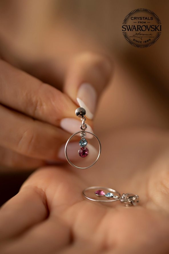 Swarovski Taşlı Halka ve Üçtaş Model Gümüş Crystal Küpe - 4