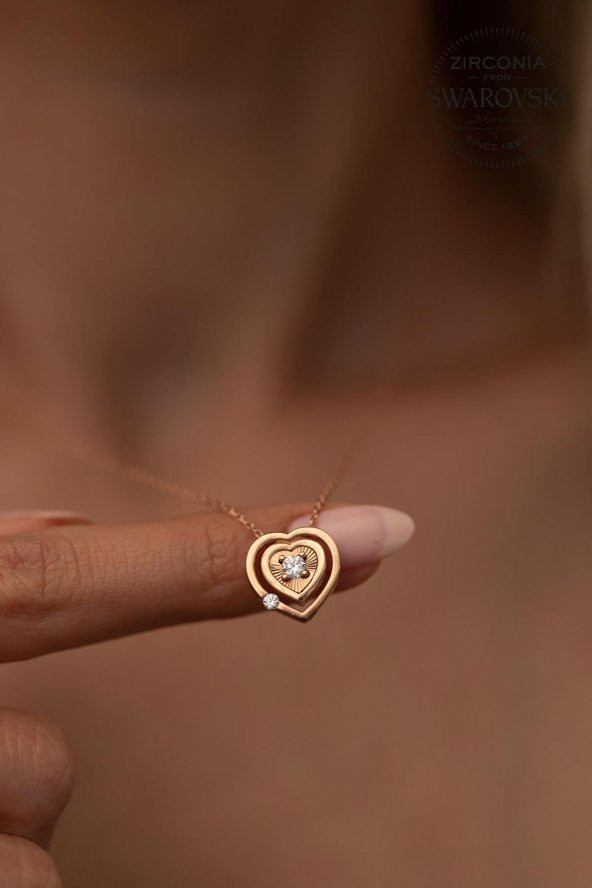 Swarovski Taşlı Çift Kalp Model Rose Kaplama Gümüş Zirconia Kolye