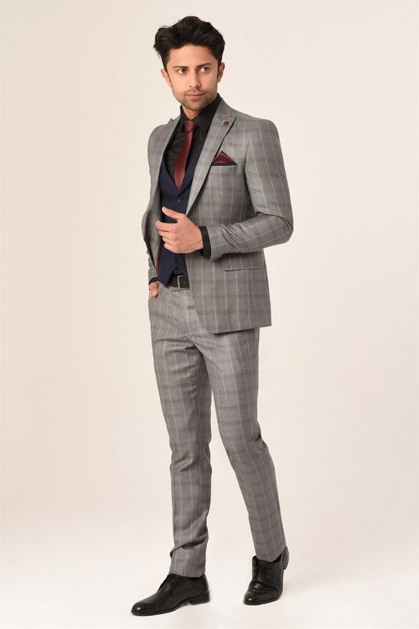 Gri Ekose Yelekli Sivri Yaka  Kombin Takım Elbise Slim Fit | Agustini