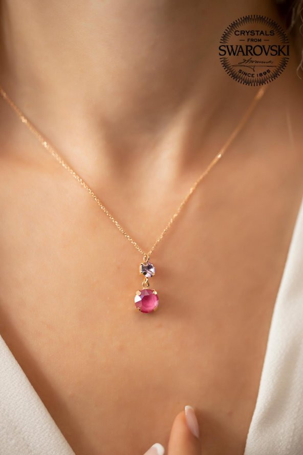 Swarovski Taşlı Çift Taş Model Rose Kaplama Gümüş Crystal Kolye