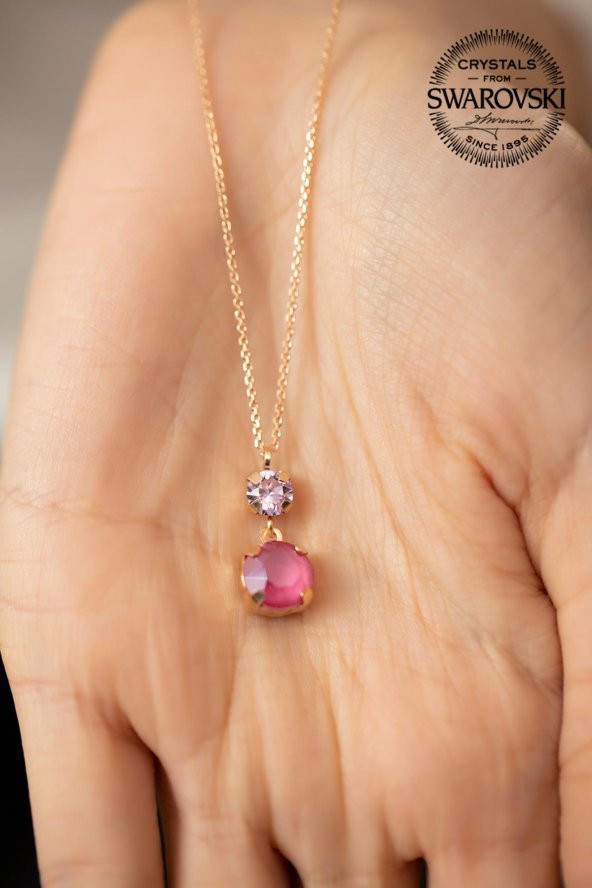 Swarovski Taşlı Çift Taş Model Rose Kaplama Gümüş Crystal Kolye - 2