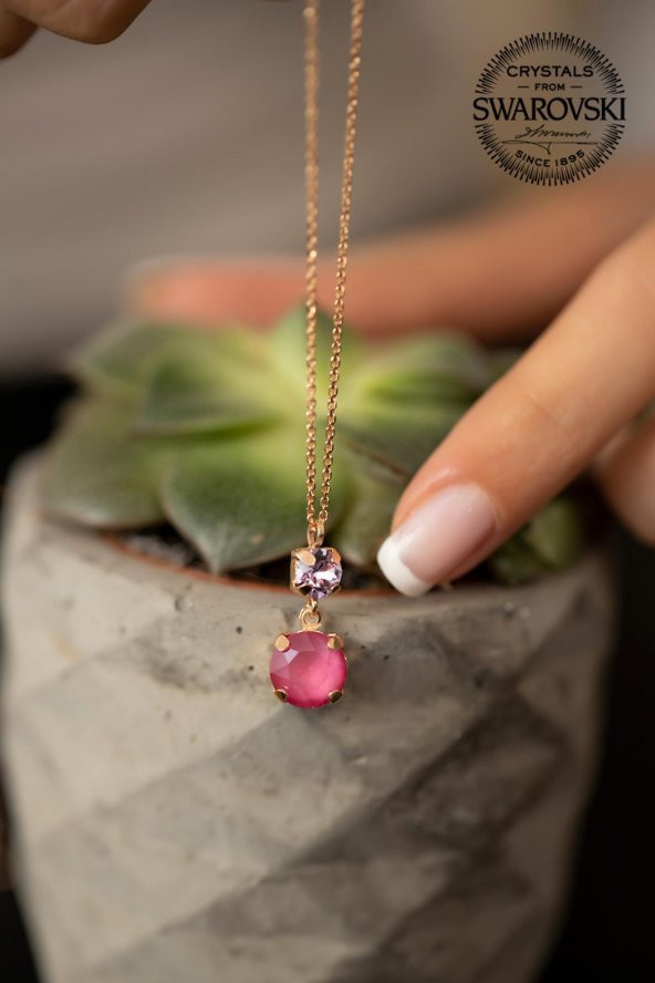 Swarovski Taşlı Çift Taş Model Rose Kaplama Gümüş Crystal Kolye - 3