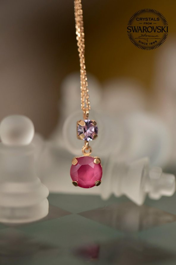 Swarovski Taşlı Çift Taş Model Rose Kaplama Gümüş Crystal Kolye - 4