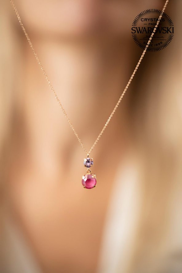 Swarovski Taşlı Çift Taş Model Rose Kaplama Gümüş Crystal Kolye - 5