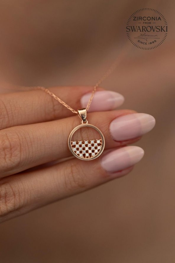 Swarovski Taşlı Yarım Daire Model Rose Kaplama Gümüş Zirconia Kolye