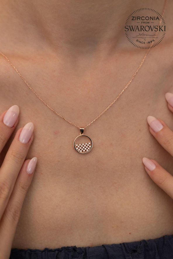 Swarovski Taşlı Yarım Daire Model Rose Kaplama Gümüş Zirconia Kolye - 2