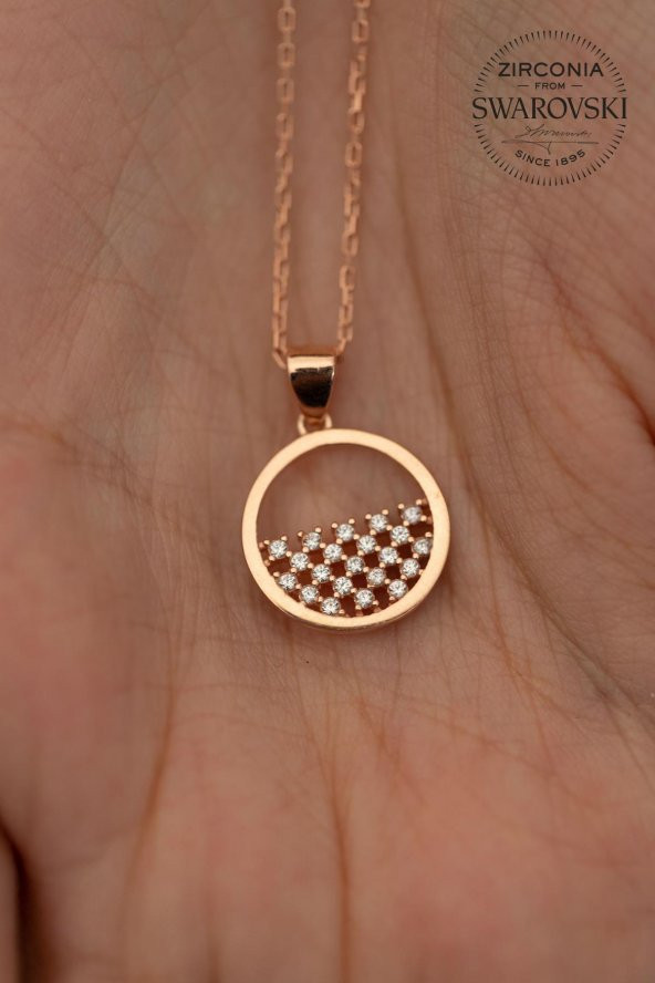 Swarovski Taşlı Yarım Daire Model Rose Kaplama Gümüş Zirconia Kolye - 3