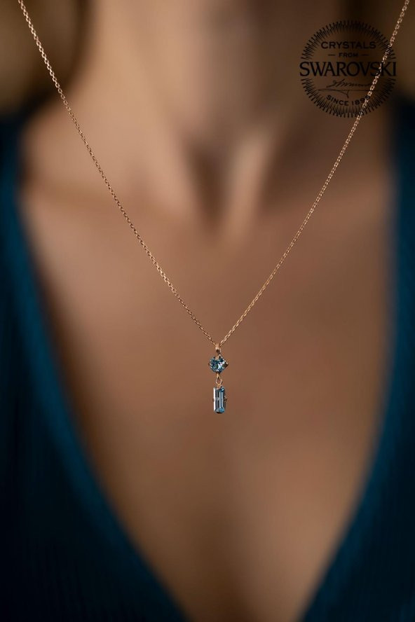 Swarovski Taşlı Çubuk ve Tektaş Model Rose Kaplama Gümüş Crystal Kolye - 5