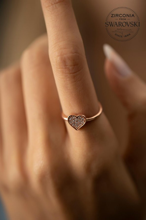 Swarovski Taşlı Kalp Model Rose Kaplama Gümüş Zirconia Yüzük - 2
