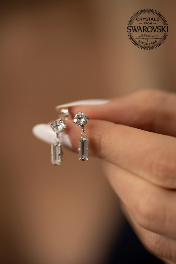 Swarovski Taşlı Çubuk ve Tektaş Model Rose Kaplama Gümüş Crystal Küpe - 3