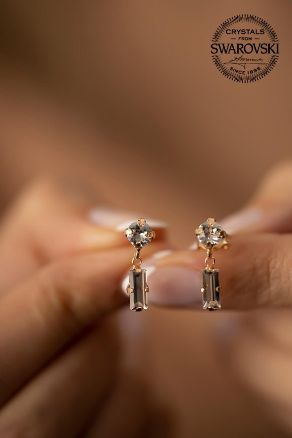 Swarovski Taşlı Tektaş ve Çubuk Model Rose Kaplama Gümüş Crystal Küpe - 3