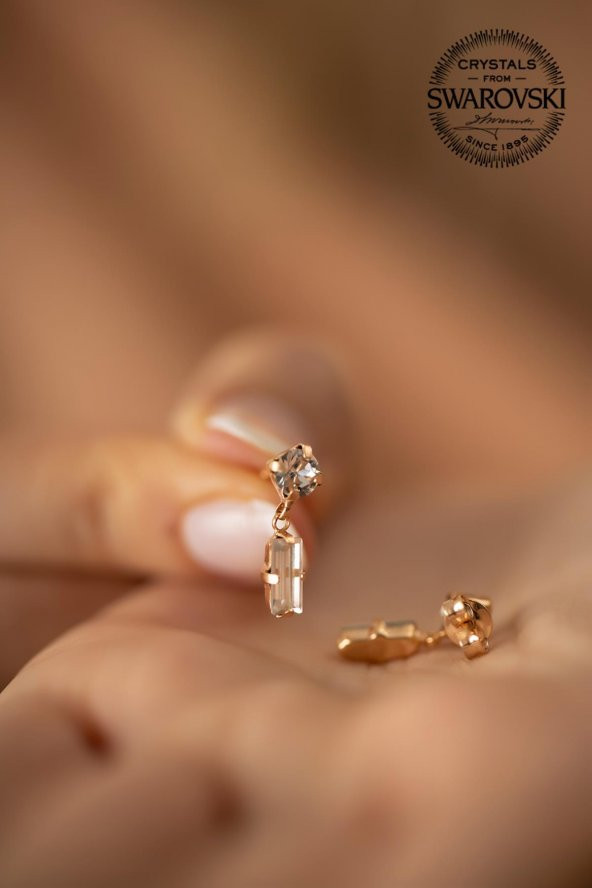 Swarovski Taşlı Tektaş ve Çubuk Model Rose Kaplama Gümüş Crystal Küpe - 4