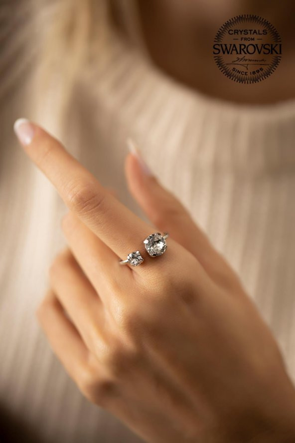 Swarovski Taşlı İki Taş Model Gümüş Crystal Yüzük - 3