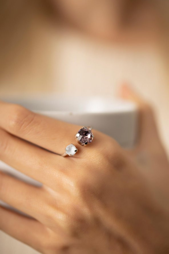 Swarovski Taşlı İki Taş Model Gümüş Crystal Yüzük - 2