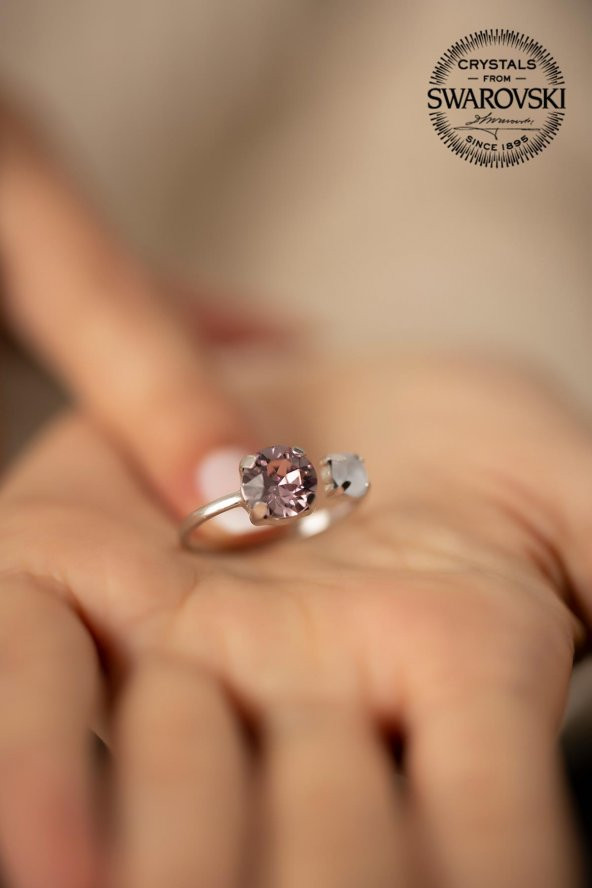 Swarovski Taşlı İki Taş Model Gümüş Crystal Yüzük - 4