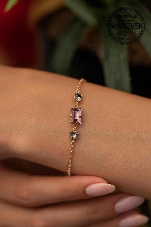 Swarovski Taşlı Baget Model Rose Kaplama Gümüş Crystal Bileklik - 2