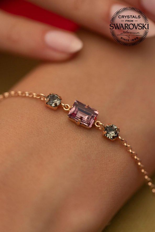 Swarovski Taşlı Baget Model Rose Kaplama Gümüş Crystal Bileklik - 3