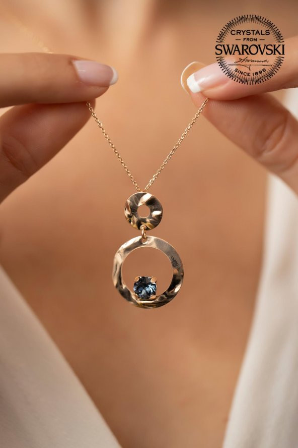 Swarovski Taşlı Çift Halka ve Tektaş Model Rose Kaplama Gümüş Crystal Kolye - 2