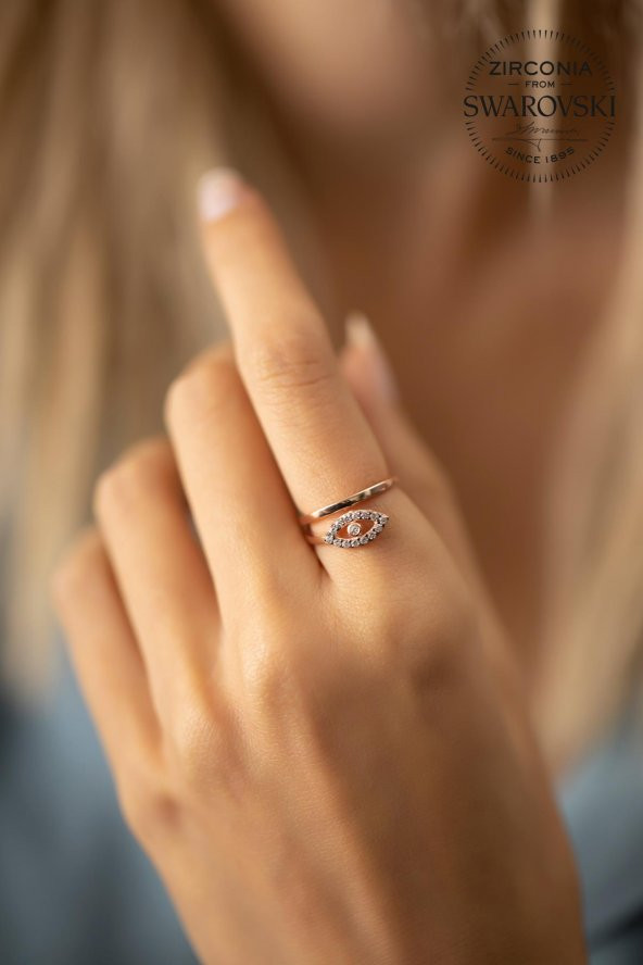 Swarovski Taşlı Göz Model Rose Kaplama Gümüş Zirconia Yüzük - 3