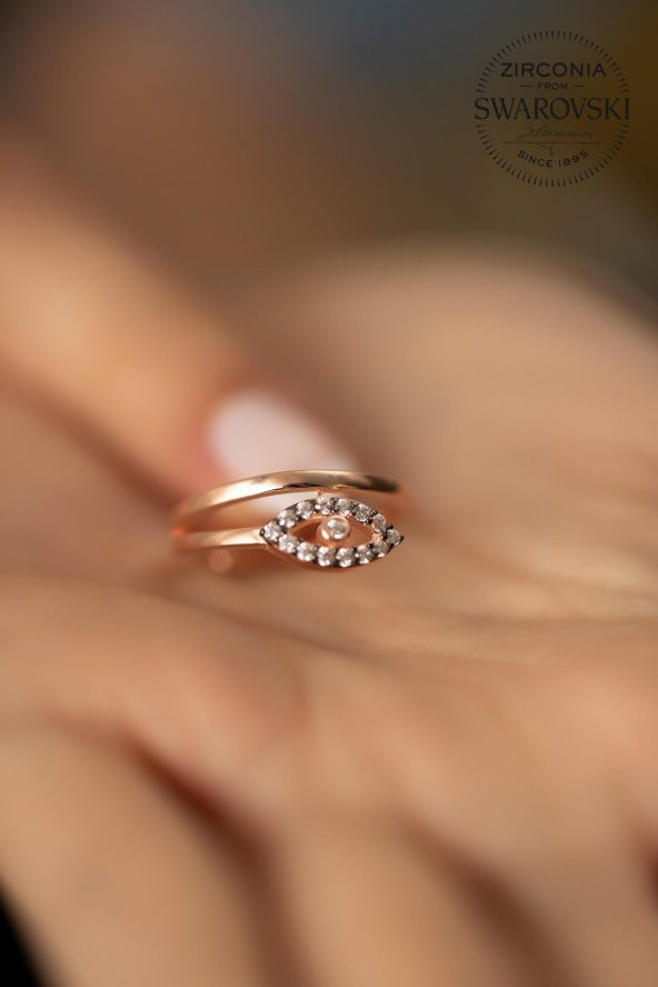 Swarovski Taşlı Göz Model Rose Kaplama Gümüş Zirconia Yüzük - 4
