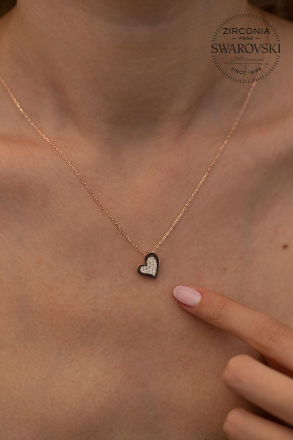 Swarovski Taşlı Kalp Model Rose Kaplama Gümüş Zirconia Kolye - Resim 2