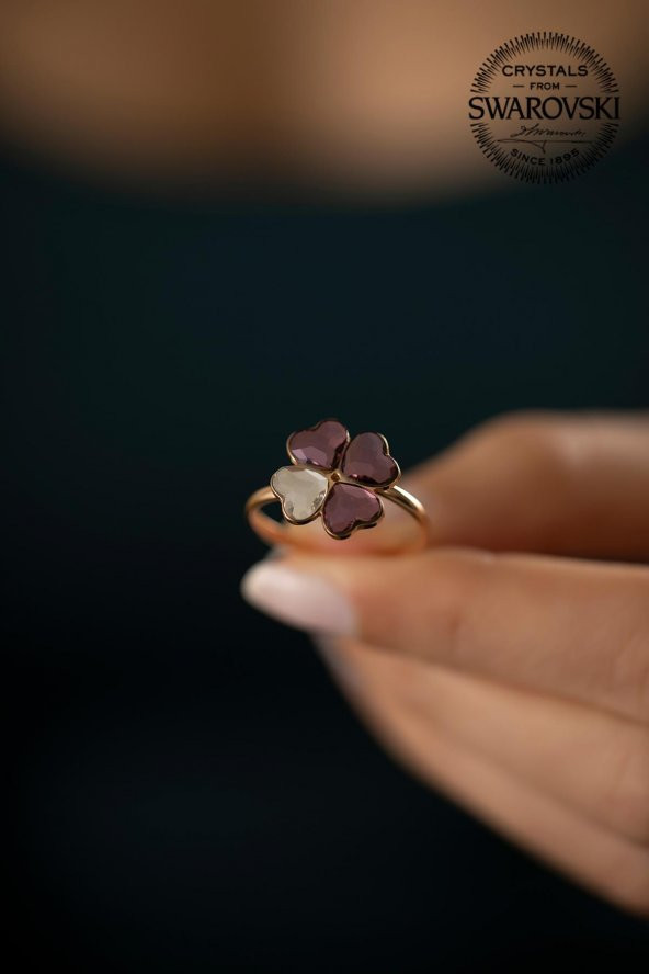 Swarovski Taşlı Yonca Model Rose Kaplama Gümüş Crystal Yüzük - 4