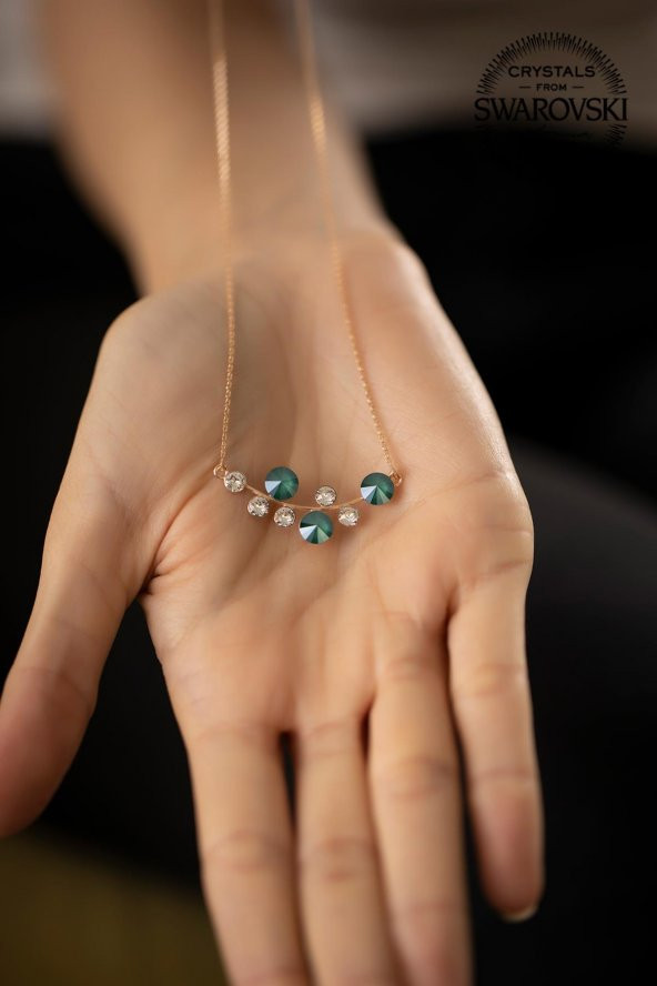 Swarovski Taşlı Yaprak Model Rose Kaplama Gümüş Crystal Kolye - 3