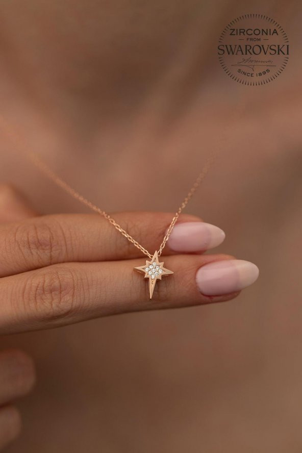 Swarovski Taşlı Kutup Yıldızı Model Rose Kaplama Gümüş Zirconia Kolye