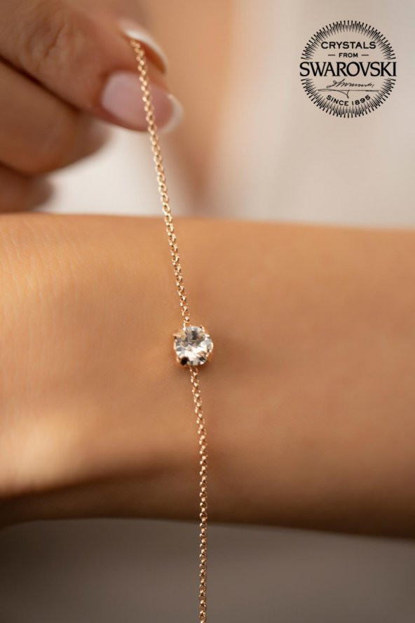 Swarovski Taşlı Tektaş Model Rose Kaplama Gümüş Crystal Bileklik