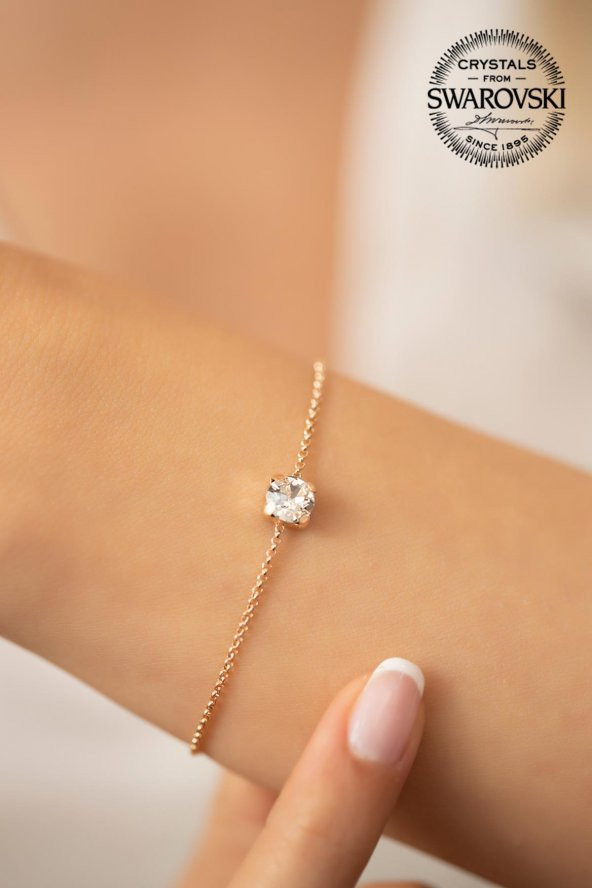Swarovski Taşlı Tektaş Model Rose Kaplama Gümüş Crystal Bileklik - 2