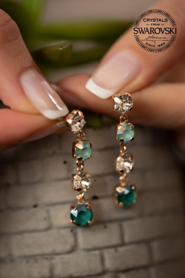 Swarovski Taşlı Dört Taş Model Rose Kaplama Gümüş Crystal Küpe - 4