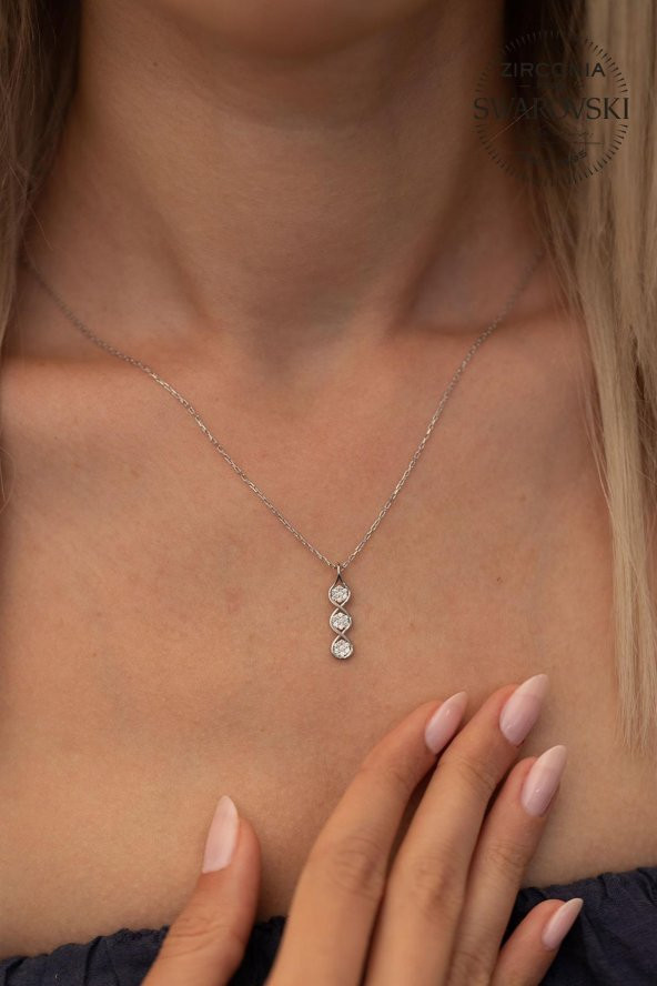 Swarovski Taşlı Üç Taş Model Gümüş Zirconia Kolye - 2
